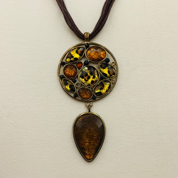 Animal/Leopard gold tone multi stone tear drop statement necklace on brown cord - Picture 11 of 15